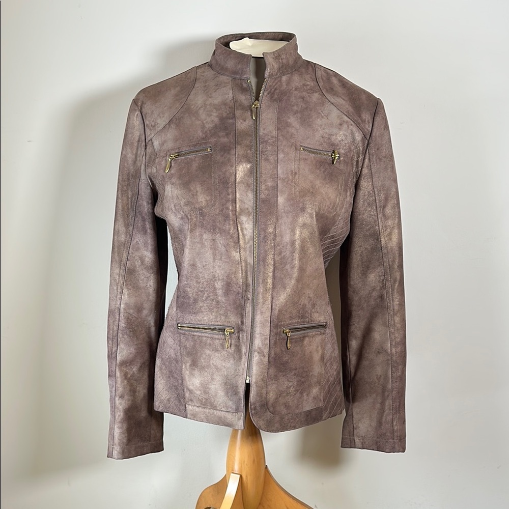Chicos’s Distressed Metallic Leather Jacket Taupe Size 0